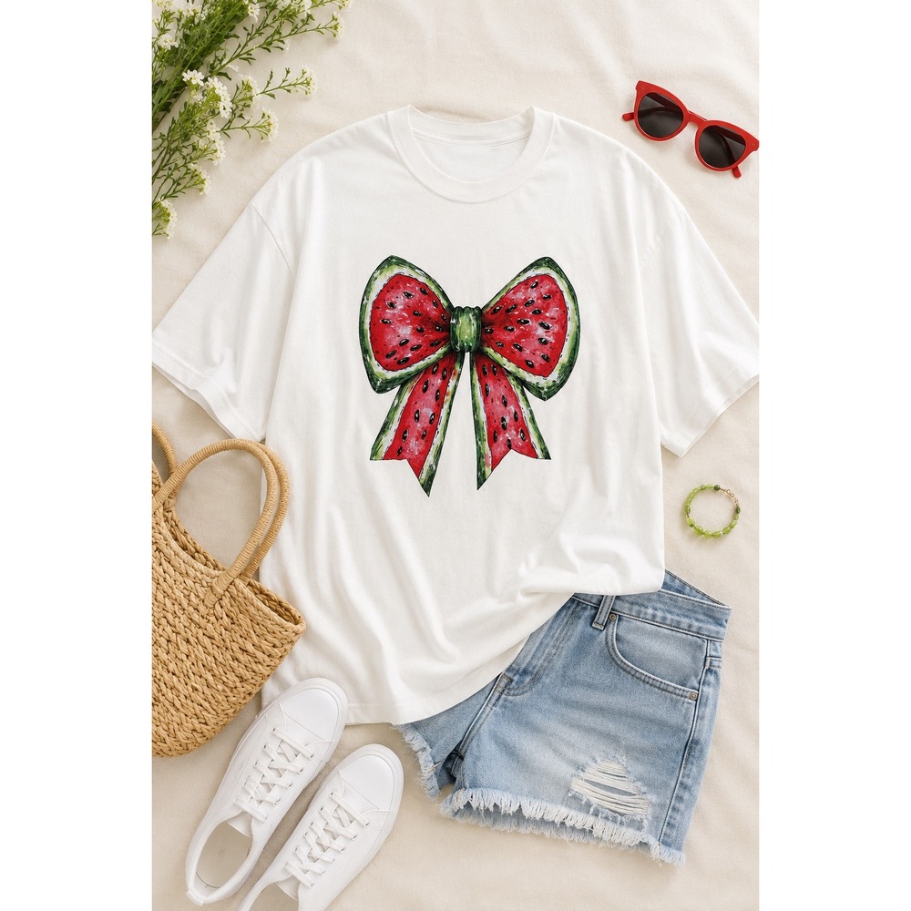 NEW Comfort Colors White Watermelon Bow Graphic T-Shirt 2XL Heavy Cotton Tee
